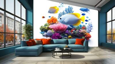 A vibrant coral reef with various tropical fish swimming among colorful corals and marine life in a clear underwater scene. Wall mural