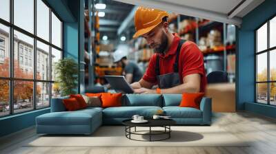 A warehouse worker in a hard hat and safety vest uses a tablet for inventory management in a busy storage facility. Wall mural