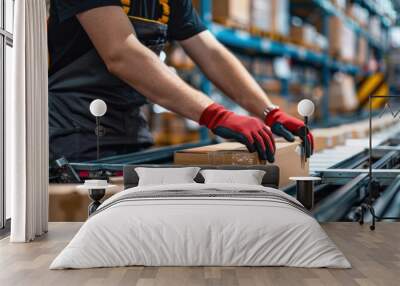 A warehouse worker wearing red gloves handles a package on a conveyor belt in an industrial distribution center. Wall mural