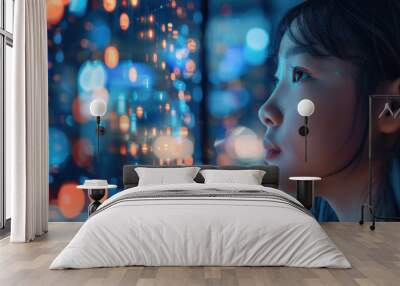 A young girl gazing at a futuristic digital screen with colorful lights and data points, representing technology and wonder. Wall mural