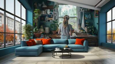 A young woman in casual attire cares for houseplants in a sunlit, cluttered vintage kitchen. Wall mural