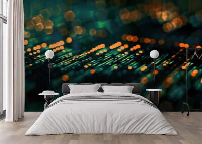 Abstract pattern of glowing lights in dark background, creating a futuristic and dynamic visual effect. Wall mural