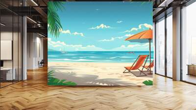 Cartoon of two beach chairs and an orange umbrella on a sandy shore with palm trees and distant boats. Wall mural