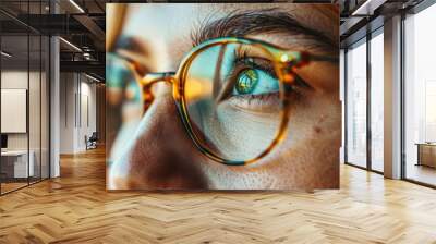 Close-up of a woman's eye and glasses, reflecting light, symbolizing contemplation, vision, and eyewear fashion. Wall mural