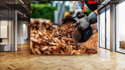 Close-up of a worker wearing gloves, handling wood chips in a lumberyard, highlighting the detailed texture of the wood. Wall mural