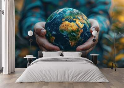 Close-up of hands holding an earth globe with a focus on Africa, highlighting environmental awareness and global unity. Wall mural