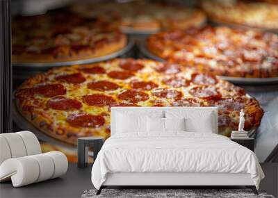 Close-up of multiple pepperoni pizzas on display, showcasing their delicious and mouth-watering appeal. Wall mural