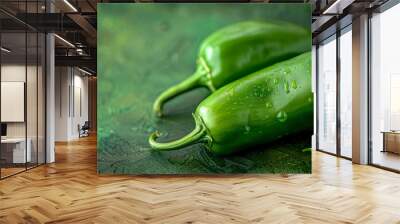 Close-up of two fresh green jalapeños with water droplets on a textured green background. Wall mural