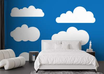 Cloud vector icon set white color on blue background. Sky flat illustration collection for web. Vector illustration Wall mural