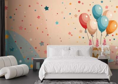 Colorful illustration of a birthday party setting with a cake, balloons, and decorative stars and ribbons. Wall mural