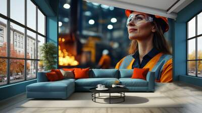 Female engineer wearing protective gear and hard hat, standing confidently in a modern industrial factory, surrounded by glowing machinery. Wall mural