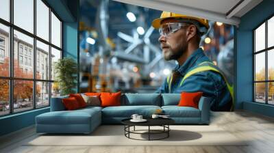 Focused industrial worker wearing safety gear operates in a modern factory, showcasing dedication and precision in a busy environment. Wall mural