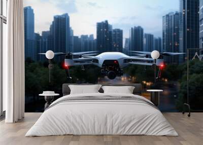 Futuristic Cityscape with Maintenance Drones Wall mural