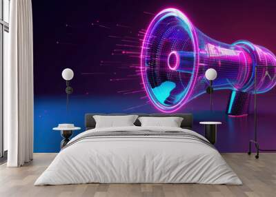 Futuristic digital megaphone illuminated with neon lights, representing modern communication and technology in a vibrant setting. Wall mural