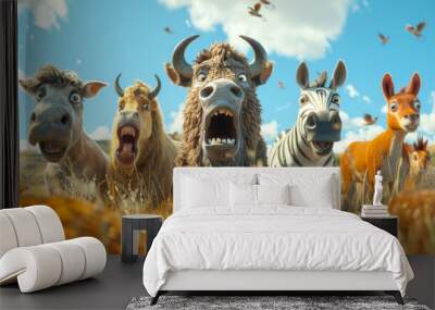 Group of animated animals with surprised expressions standing together in a grassy field under a clear blue sky. Wall mural