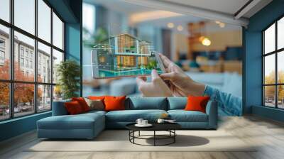 Hands holding a smartphone projecting an augmented reality 3D model of a modern house in a living room. Wall mural