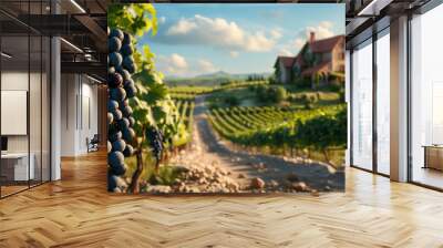 Idyllic vineyard landscape with ripe grapes in the foreground and a picturesque country house in the background under a blue sky. Wall mural