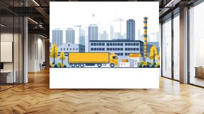 Illustration of an industrial area with a yellow truck and modern buildings, representing logistics and urban development. Wall mural