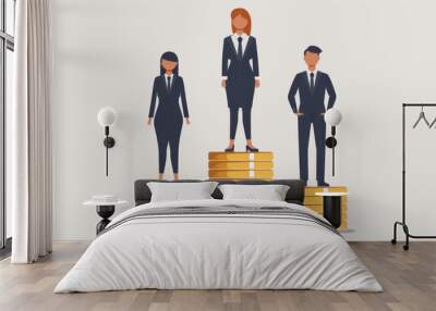 Illustration of three business people in suits standing on stacks of coins, representing success and financial growth. Wall mural