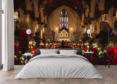 People attending a beautifully decorated church for a Christmas Eve service, with festive lights and Christmas trees. Wall mural