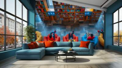 People sitting in a modern library, reading and studying, with colorful furniture and bookshelves filled with books. Wall mural