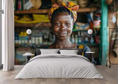 Portrait of a confident African woman smiling in a colorful and vibrant local market. Wall mural