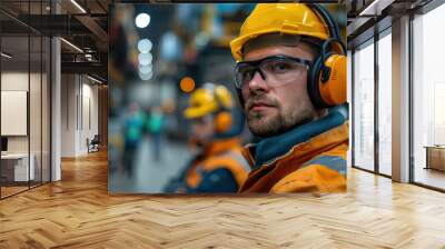 Portrait of a factory worker in a helmet and headphones, focusing on safety and protection in an industrial setting. Wall mural