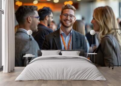 Professionals engaging in conversation at a business networking event, holding drinks and wearing name tags. Wall mural