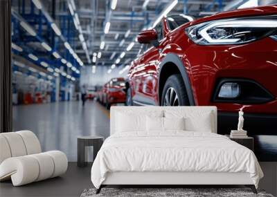 Red Vehicle in Modern Automotive Workshop Environment Wall mural