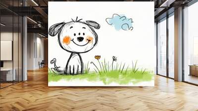 Simple Stick Figure Drawing of a Dog in Grass Wall mural