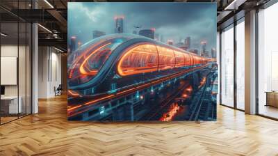 Sleek, futuristic high-speed train traveling through a modern cityscape with illuminated buildings. Wall mural