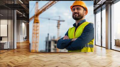 Smiling construction worker wearing safety gear, standing confidently at a building site with cranes in the background. Wall mural