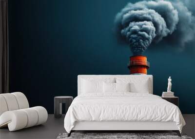 Smoky Industrial Chimney Against Dark Sky Background Wall mural