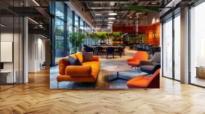 Stylish and modern corporate lounge with vibrant furniture, green plants, and a spacious layout for informal meetings and relaxation. Wall mural