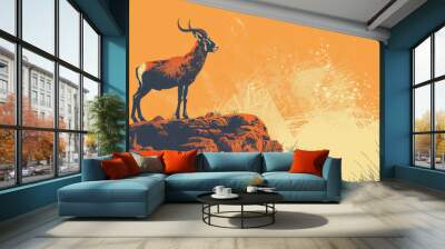 Stylized illustration of an antelope standing majestically on a rocky cliff with an abstract orange background. Wall mural