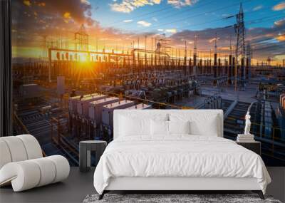 Sunset casting a golden glow over a modern electrical power station, symbolizing energy production and technological advancement. Wall mural