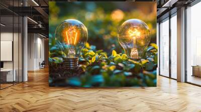 Two glowing light bulbs placed among green plants, symbolizing the concept of green energy and sustainable ideas. Wall mural