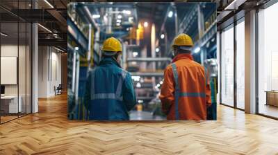 Two industrial workers, one male and one female, inspecting machinery in a bustling factory environment. Wall mural