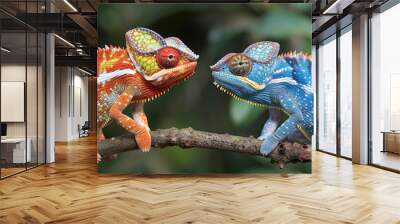 Two vibrantly colored chameleons facing each other on a branch against a blurred natural background. Wall mural