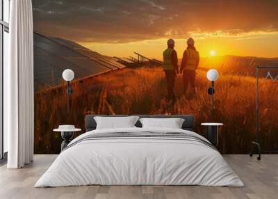 Two workers inspecting solar panels in a field at sunset, highlighting renewable energy and sustainable practices. Wall mural