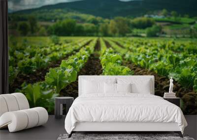 Vast green lettuce field under a clear sky, showcasing healthy crop rows and agricultural landscape on a sunny day. Wall mural