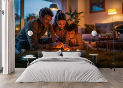 Warm and cozy scene of a family playing with candles together on the living room floor at night. Wall mural