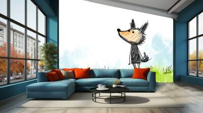 Whimsical cartoon of a cute dog standing in green grass, looking upwards, with a bright and playful background. Wall mural