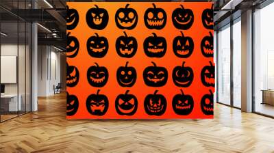 24 pumpkins, halloween black and white icons over orange background, stencil vector illustration Wall mural