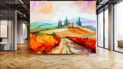 Beautiful landscape with hills, mountains, fields and trees in Tuscany, Italy, hand drawn watercolor Wall mural