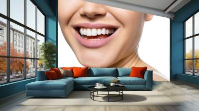 Laughing woman mouth with great teeth over white background. Healthy beautiful female smile. Teeth health, whitening, prosthetics and care. Wall mural