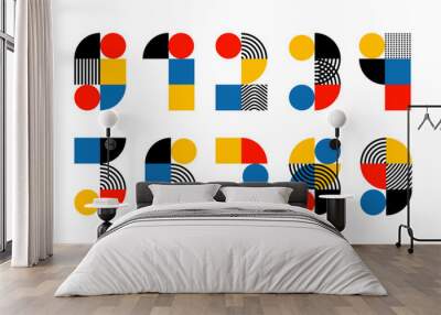 Numbers. Trendy font in retro Bauhaus design style. Artistic geometric printing type. Stylized alphabet drawing in blue, red, yellow and black Wall mural