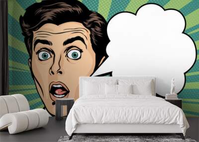 Surprised young man with wide open eyes, open mouth and speech bubble, vector illustration in retro pop art comic style Wall mural