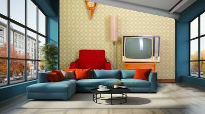 Vintage room with wallpaper, old fashioned armchair, retro tv, c Wall mural