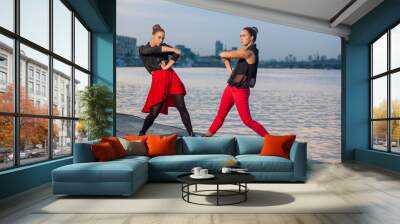 Two young beautiful twin sisters are dancing waacking dance in the city background near river. showing the different style and pose of modern dance with black and red dress near water on summer time. Wall mural